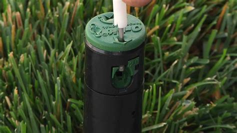 Clear the grass and debris around the sprinkler head for up to 2 inches on all sides using a small shovel. . How to adjust rain bird 1800 popup sprinkler heads